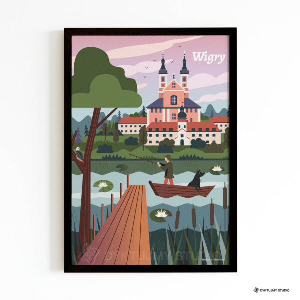 Plakat przedstawia Pokamedulski Klasztor w miejscowości Wigry wraz z jeziorem